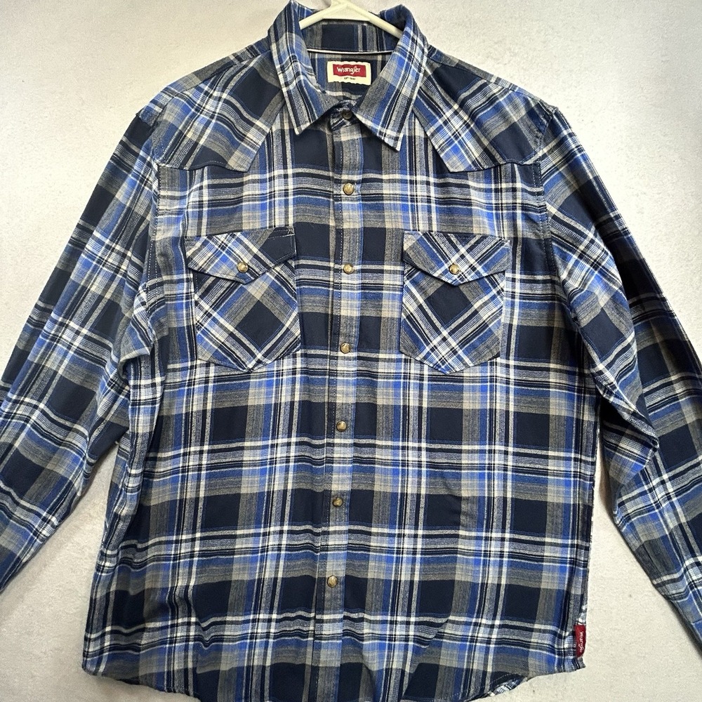 Wrangler Shirt Mens L Blue Plaid Pearl Snap Long Sleeve Western Cowboy